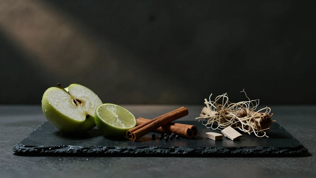 Manzana verde, lima, canela, pimienta, raíz de vetiver y sándalo sobre pizarra mojada