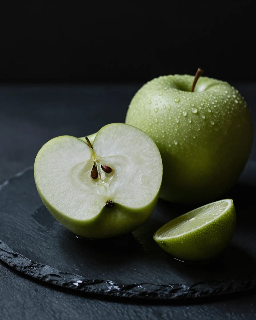 Manzana verde partida y lima sobre pizarra mojada