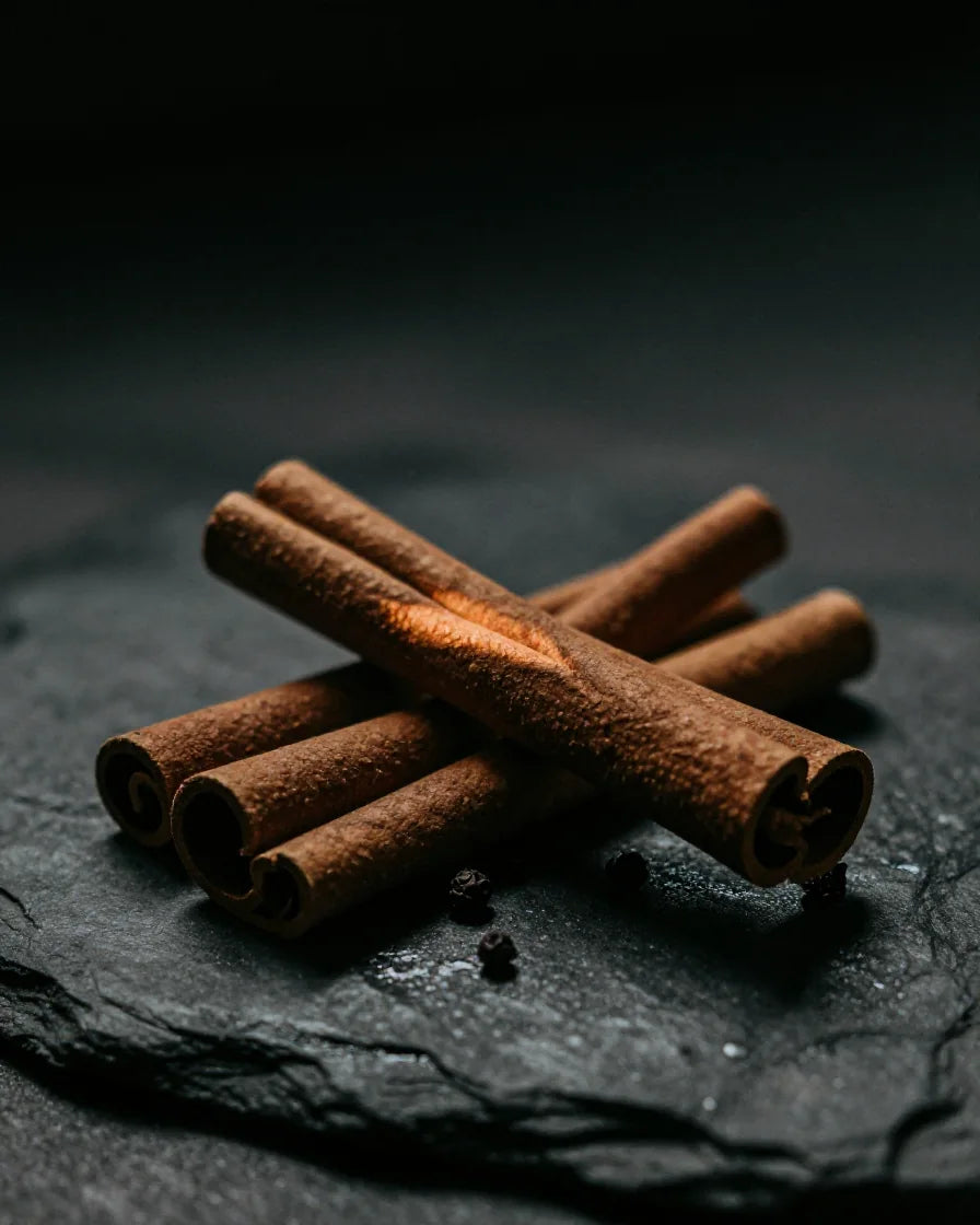 Ramas de canela y pimienta negra sobre piedra oscura