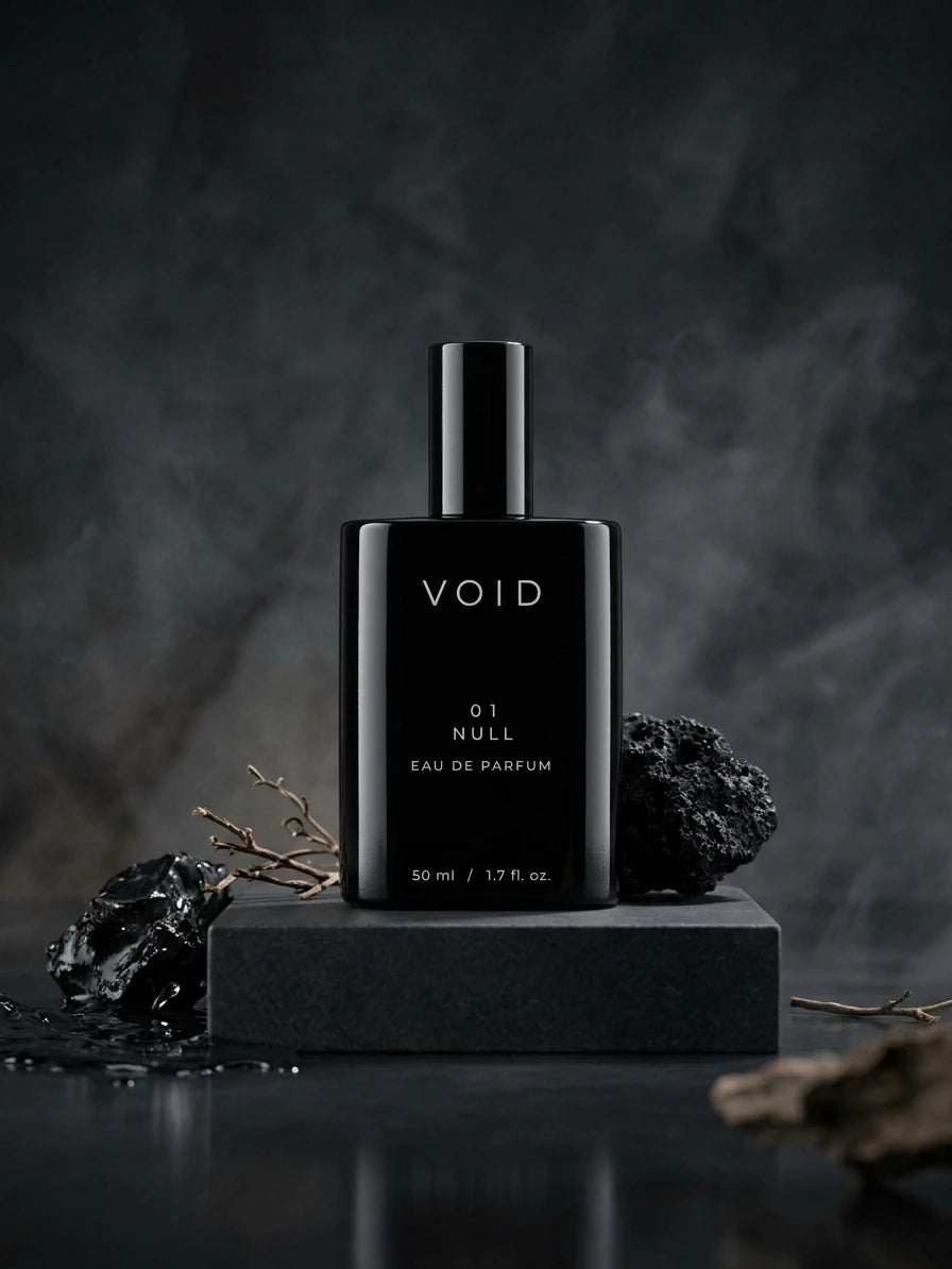 El frasco negro de VOID 01 NULL sobre un pedestal de piedra, entre carbón y ramas secas